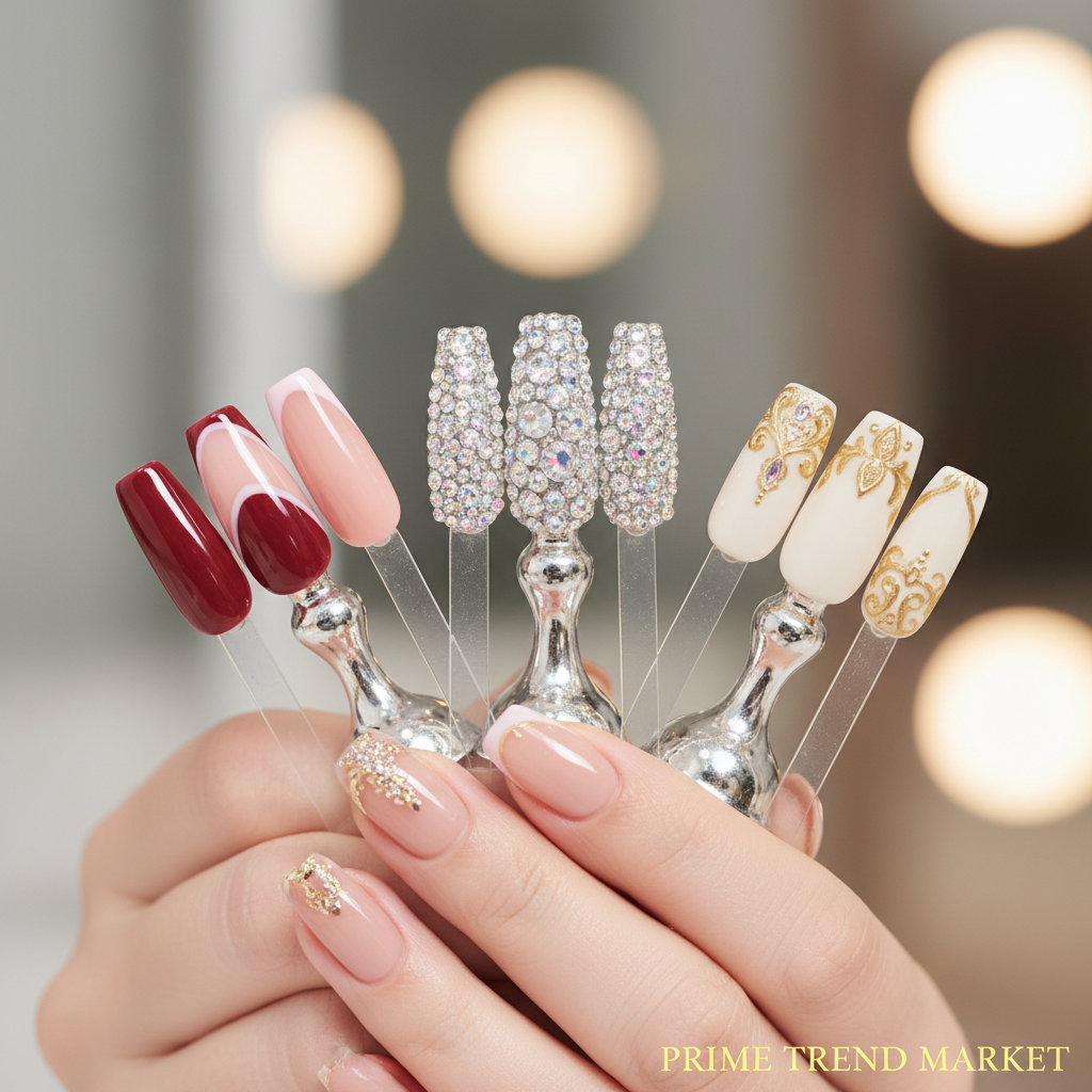 3-Style Nail Wardrobe — Wine Red Heart + Rhinestone Crystal + Gilded Whisper Press-On Nails — Prime Trend Market