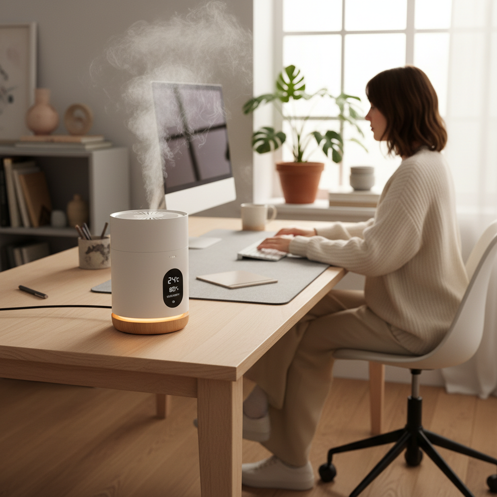 Portable space heater and humidifier on home office desk