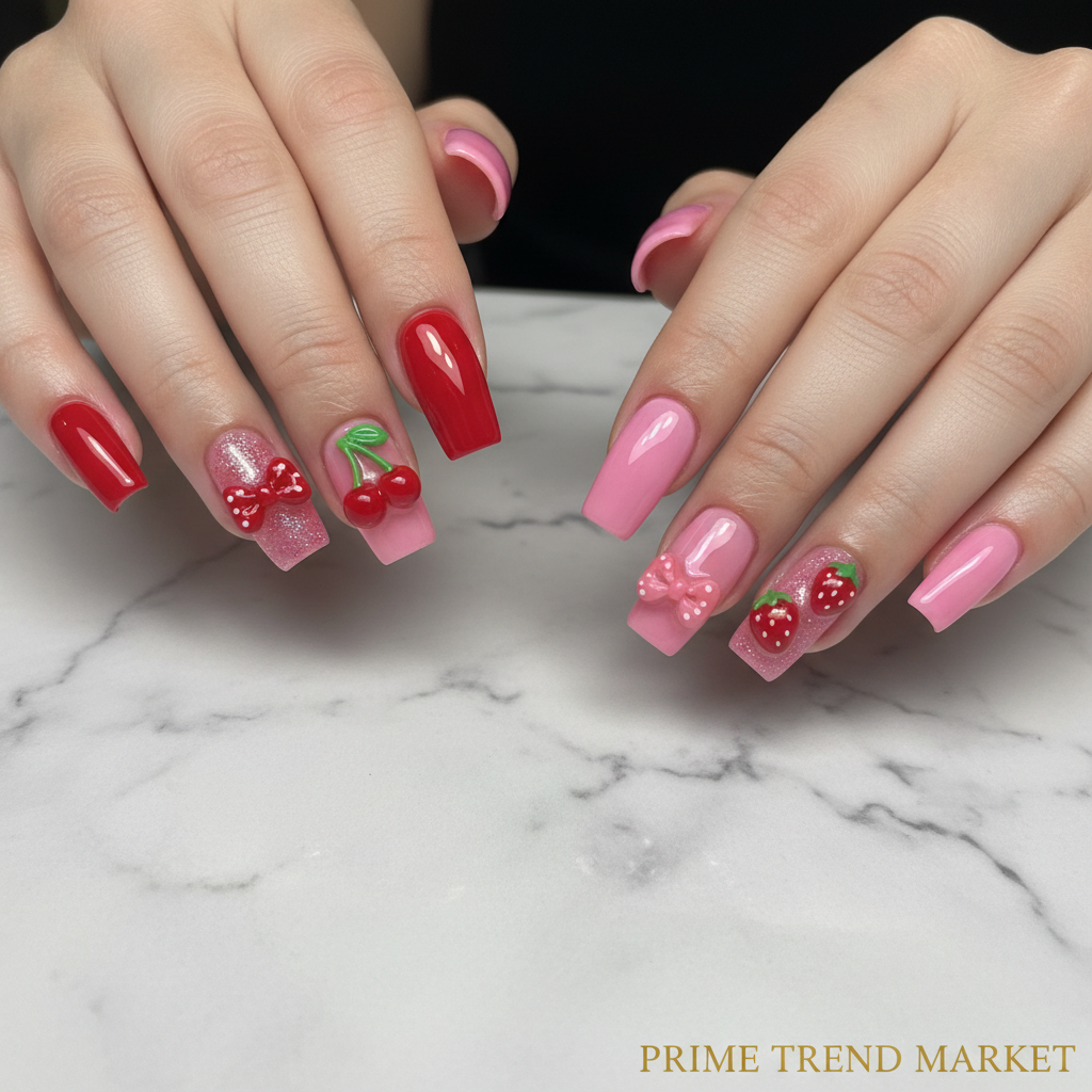 Y2K Glam Press-On Duo — Cherry Bow + Strawberry Bow Press-On Nails Set — Prime Trend Market