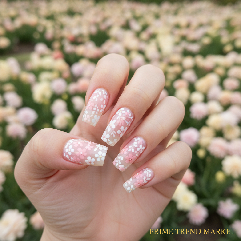 Flat Flower Press-On Nails – 24 PCS Long Square | Floral Nail Art for Everyday & Bridal Glam — Prime Trend Market