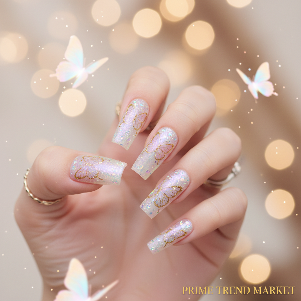 Glitter Butterfly Press On Nails — 24 PCS Long Square Sparkle Fake Nails | Glitter Powder Nail Art — Prime Trend Market