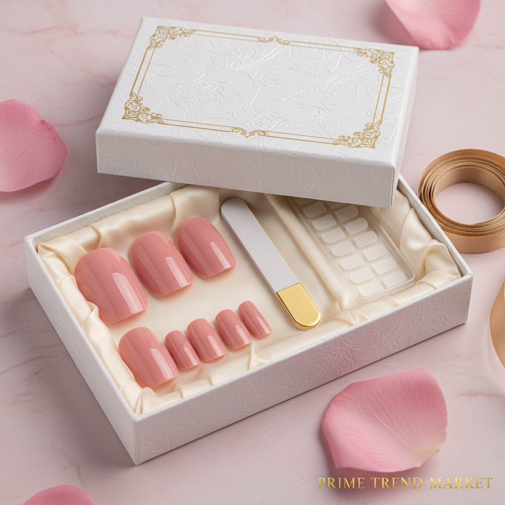 Blush Elegance Press On Nails Gift Set – Short PMMA Acrylic, Reusable, S/M/L with Box — Prime Trend Market