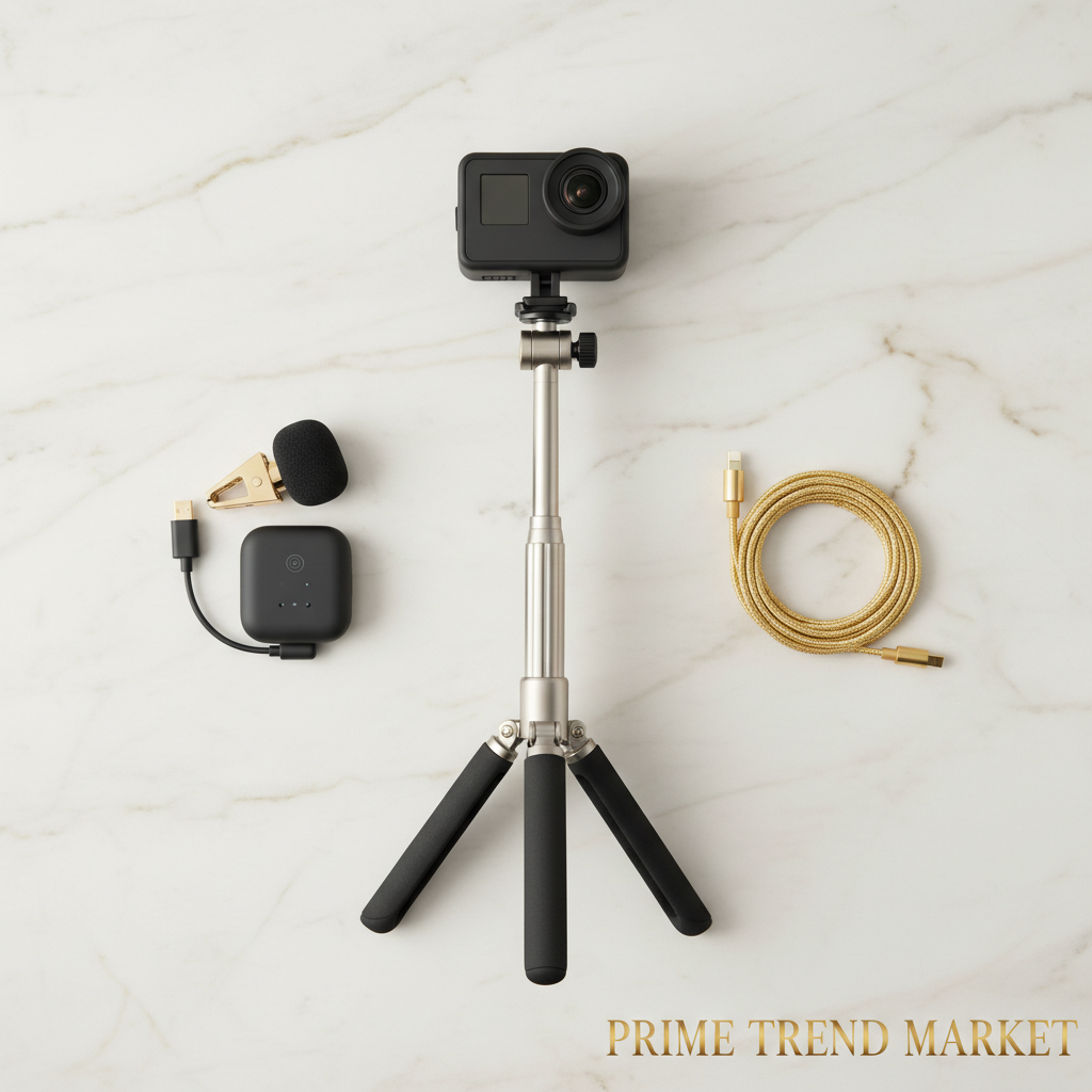 Luxury Content Creator Bundle | Selfie Stick Tripod + Wireless Clip-On Mic + Action Camera — Prime Trend Market