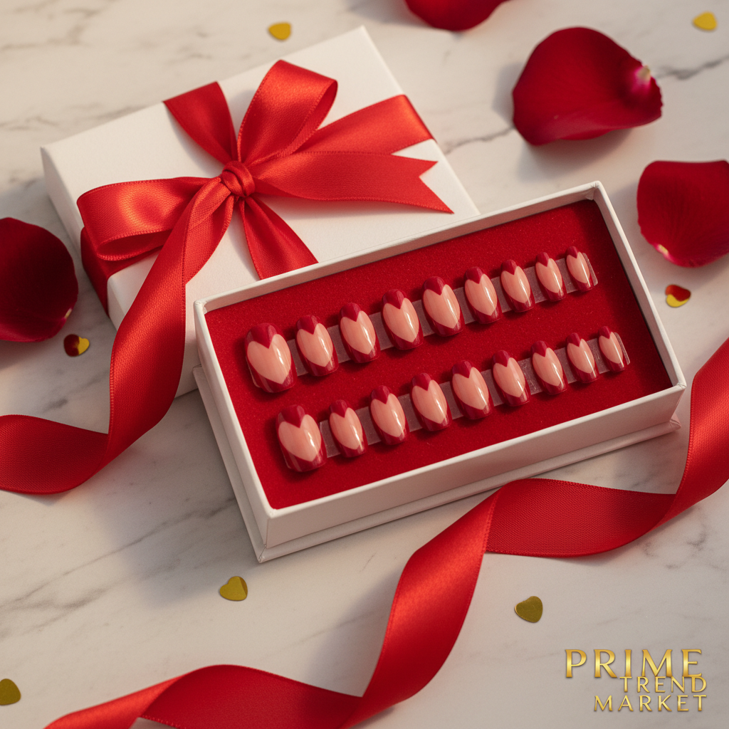 24 PCS Press On Nails – Wine Red Heart French Tip, Medium Square, Gel Acrylic — Prime Trend Market
