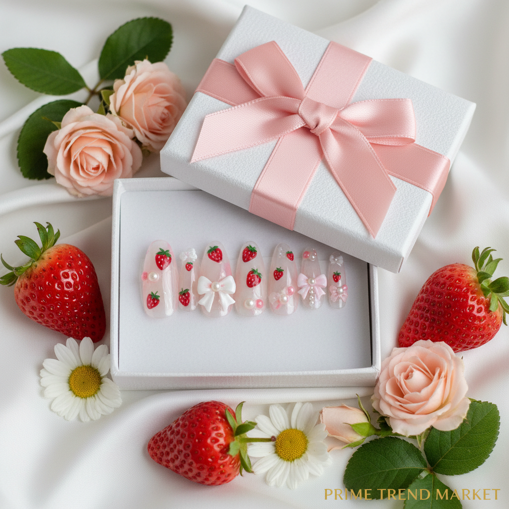 Strawberry Bow Press-On Nails – 24 PCS Long Square Head Shape | Cottagecore Y2K Design — Prime Trend Market