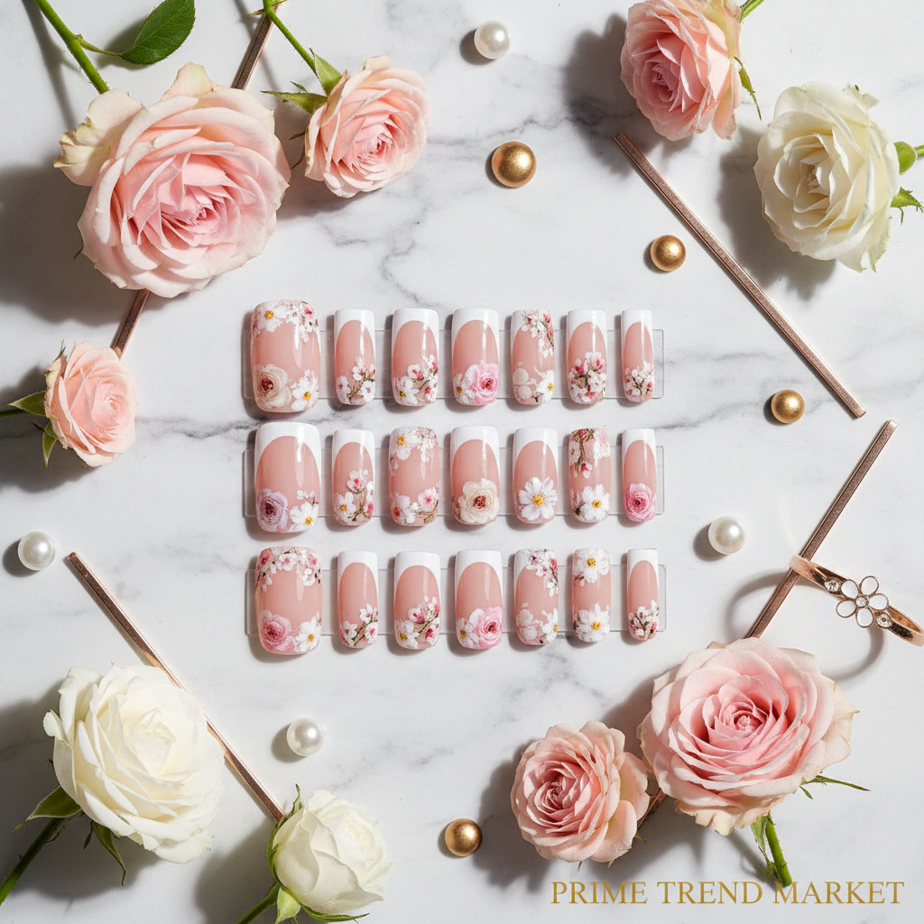 French Flower Press-On Nails – 24 PCS Short Square | Acrylic Full Cover, Reusable — Prime Trend Market