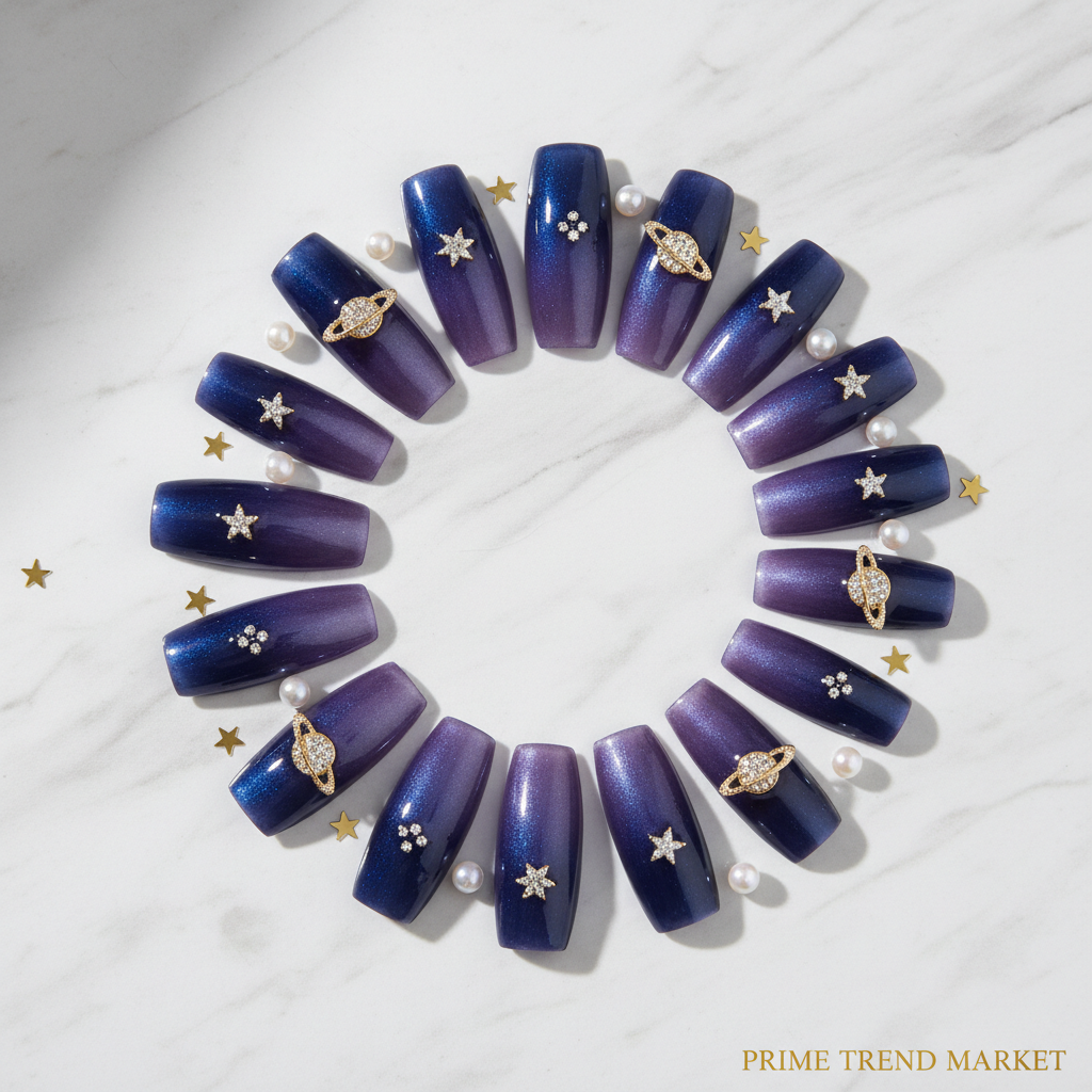 Ombre Galaxy Press-On Nails – 24 PCS Long Square | Planet & Star Diamond Charms Celestial Nail Art — Prime Trend Market