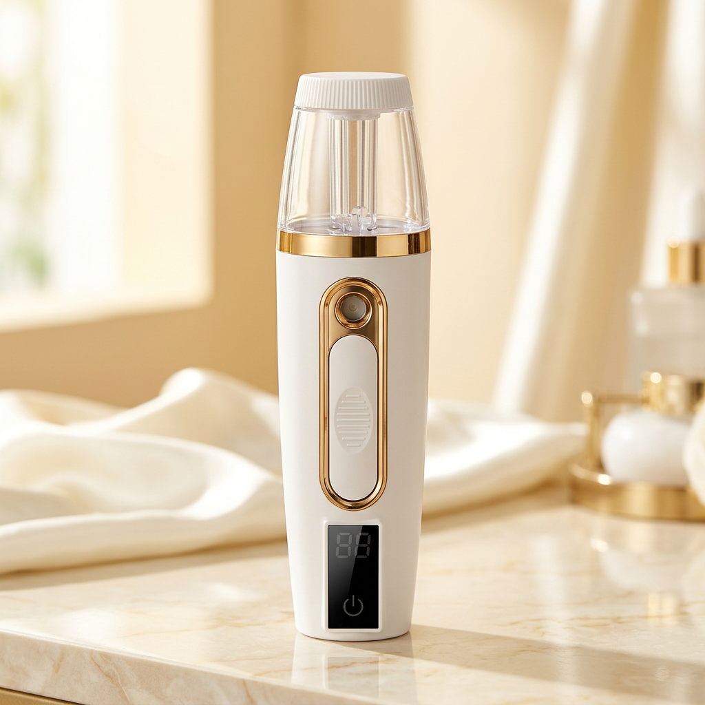 White Nano Mist facial sprayer with clear reservoir and gold controls on marble