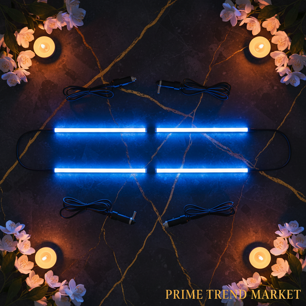 4Pcs Blue LED Car Interior Atmosphere Lights | DC 12V | 360° Adjustable | One-Button Control | Easy Install — Eliza & Tuan