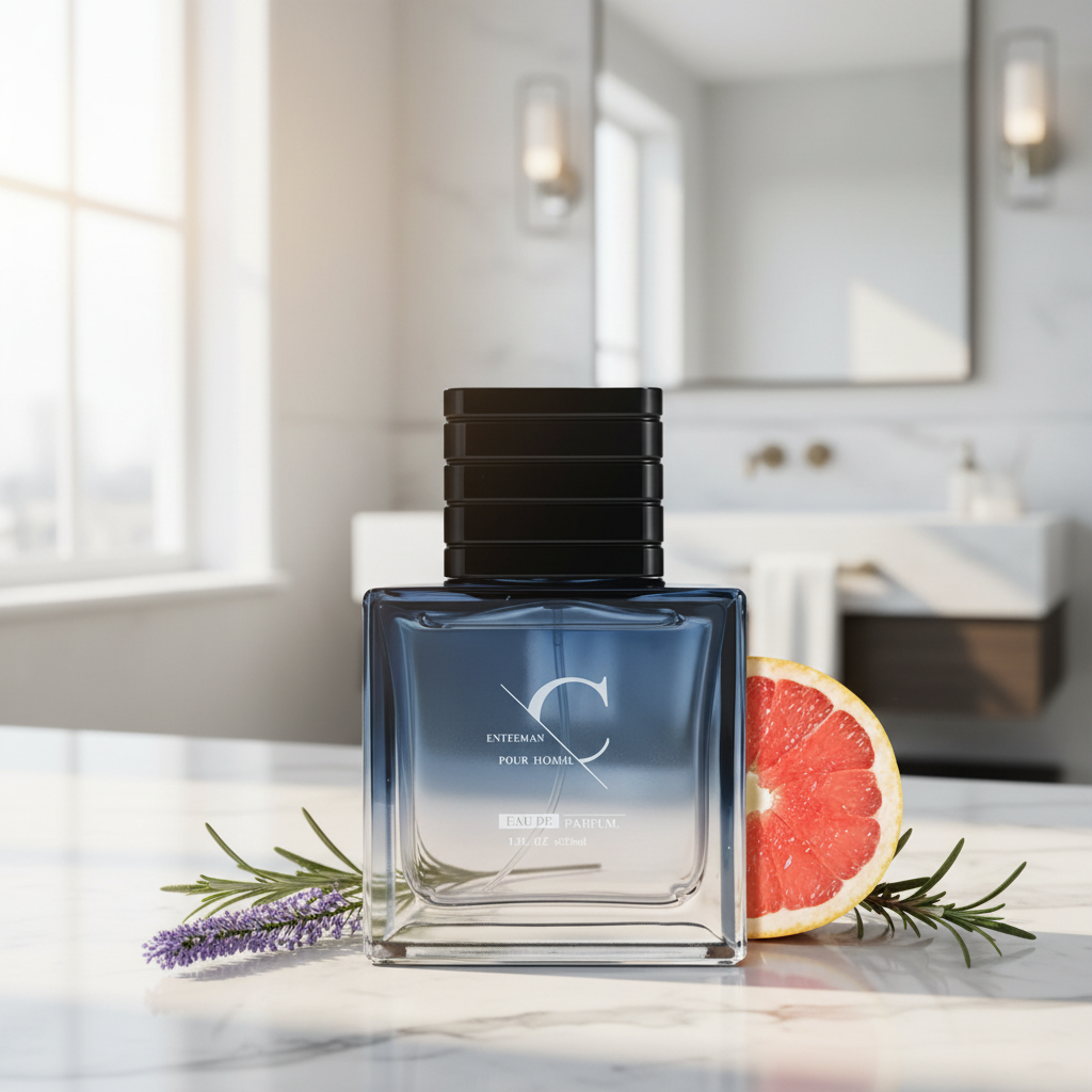 Classic Aromatic Cologne Spray 50ml on marble bathroom vanity with morning light, clean luxury lifestyle
