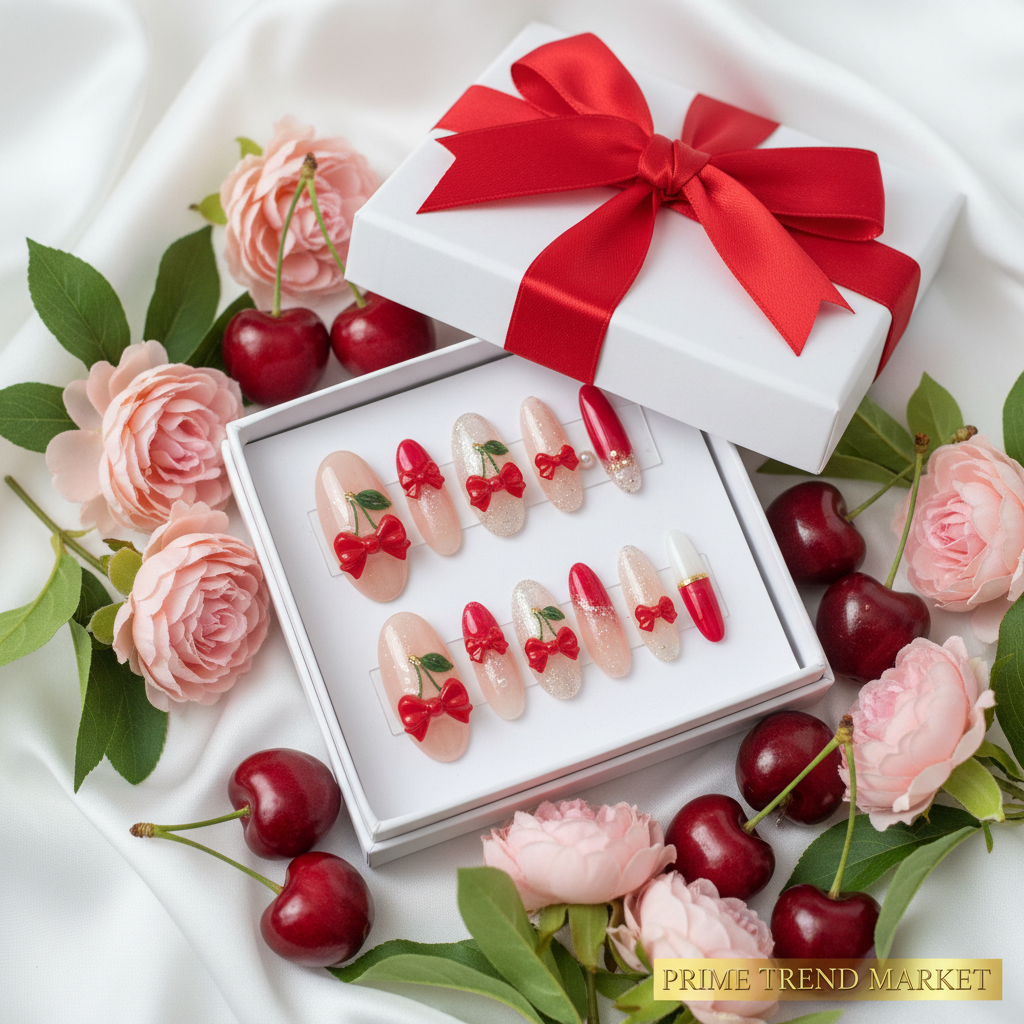 Cherry Bow Press-On Nails – 24 PCS Long Square Head Shape | Summer Y2K Fruit Design — Prime Trend Market