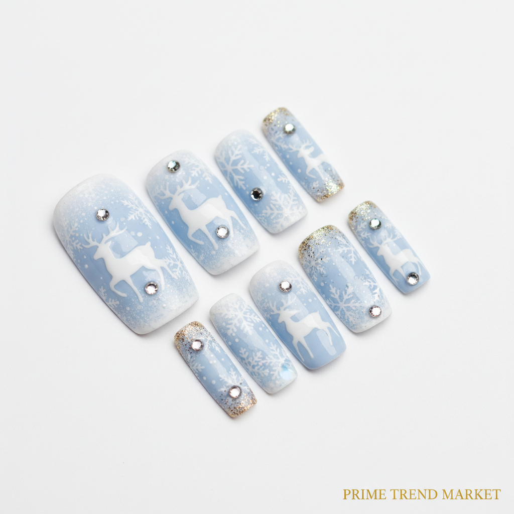Diamond Deer Snowflake Press-On Nails – 24 PCS Long Square | Holiday Nail Art with Crystal Rhinestones — Prime Trend Market