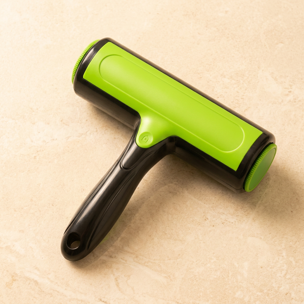 Green and black two-way pet lint roller on a cream stone surface