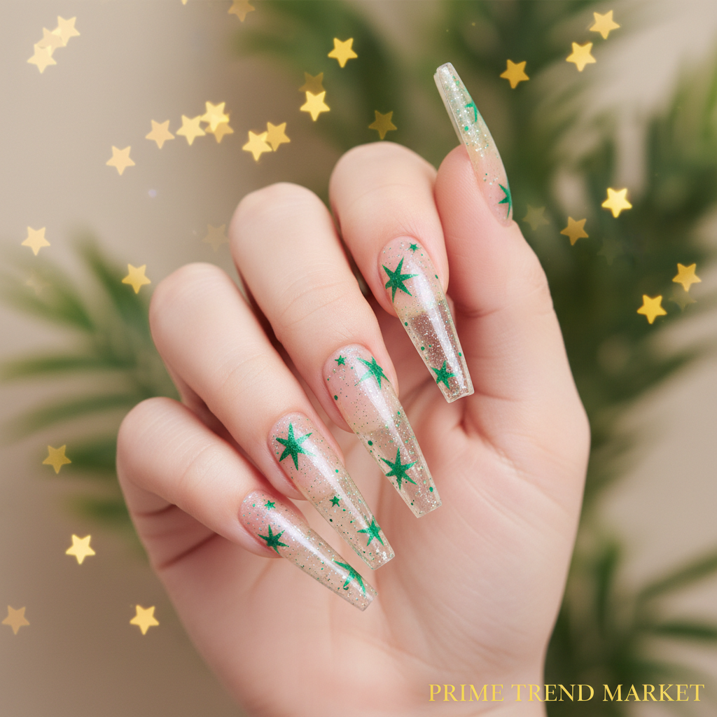 Green Star Nail Art Press-On Nails – 24 PCS Long Water Pipe Shape | Celestial ABS Acrylic — Prime Trend Market