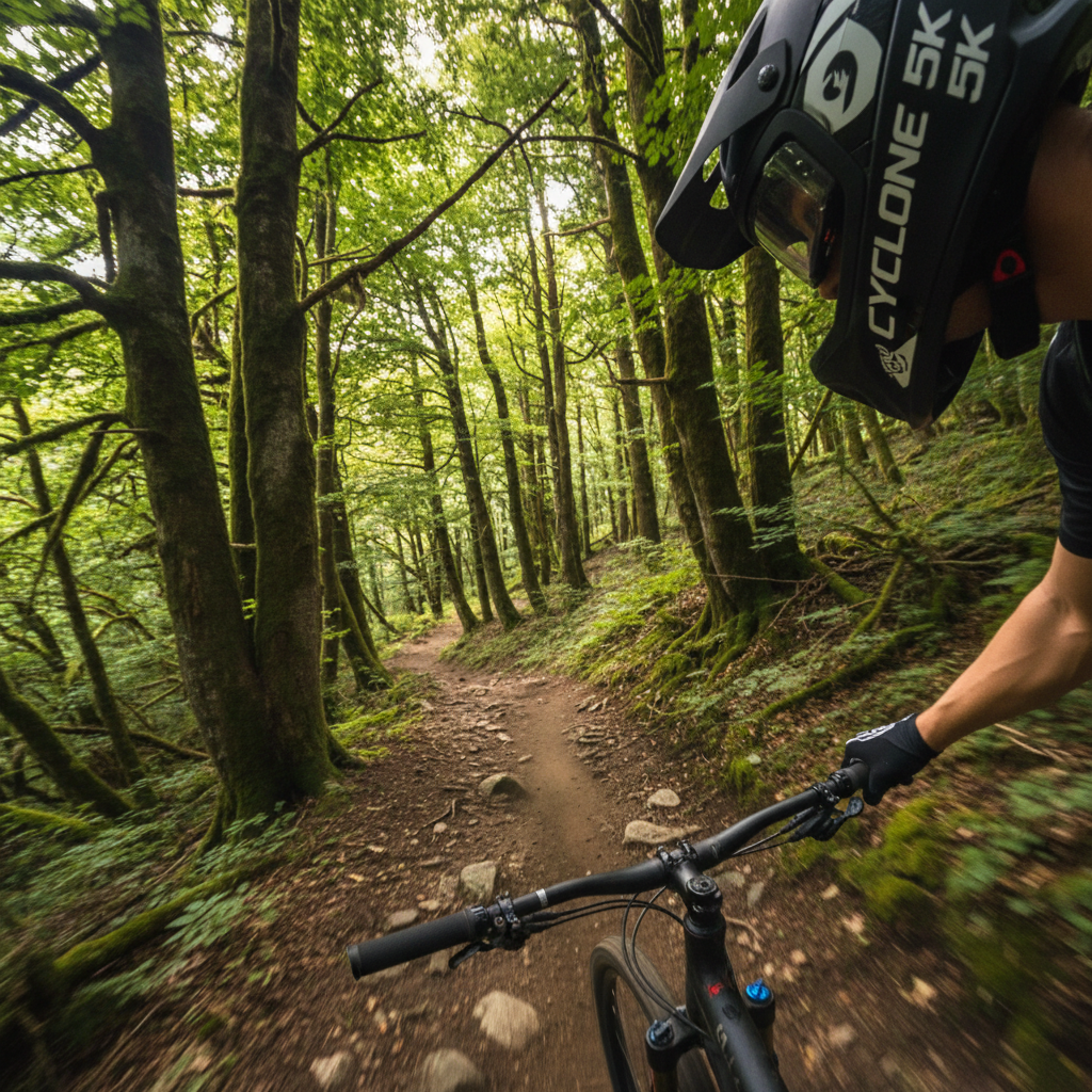 5K action camera mounted on helmet cyclist forest trail