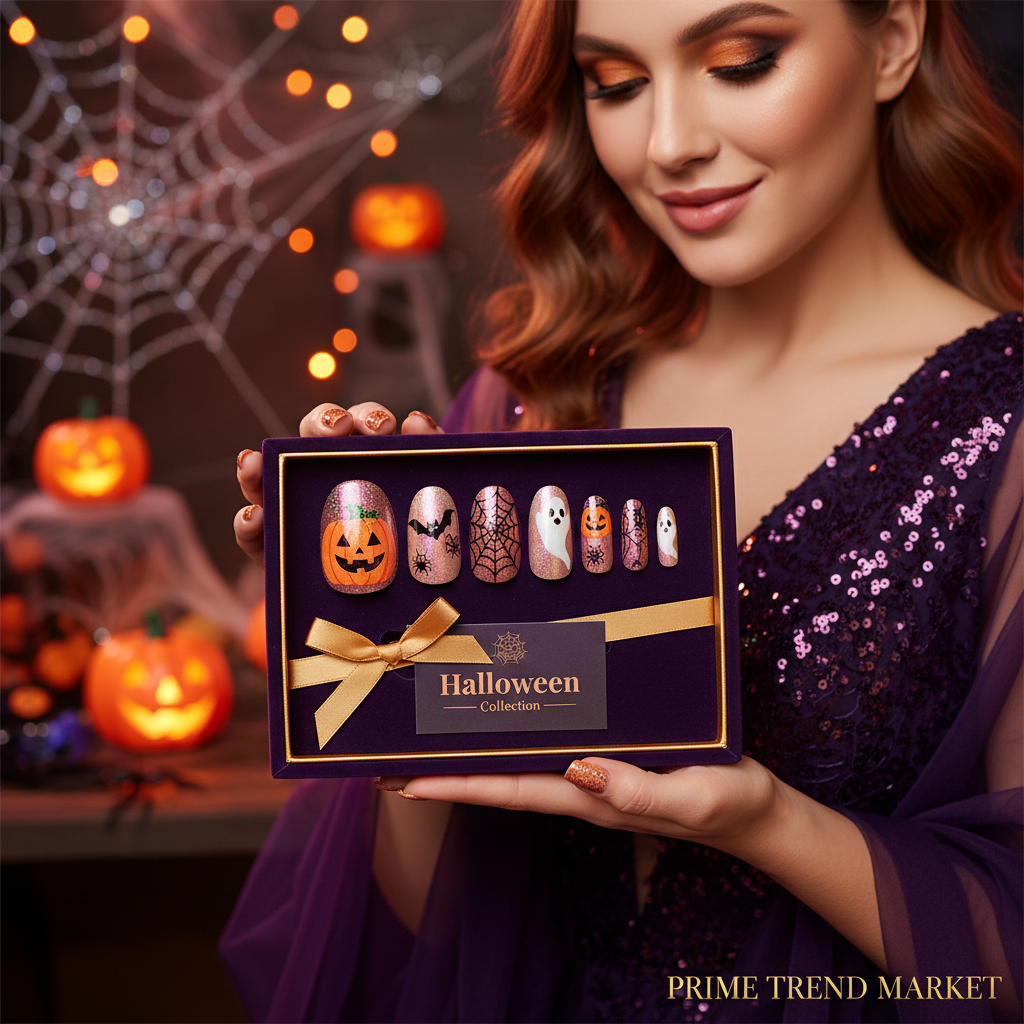 Halloween Press-On Nails – 24 PCS Pumpkin Bat Ghost Spider | Almond Ballerina, Reusable Acrylic — Prime Trend Market