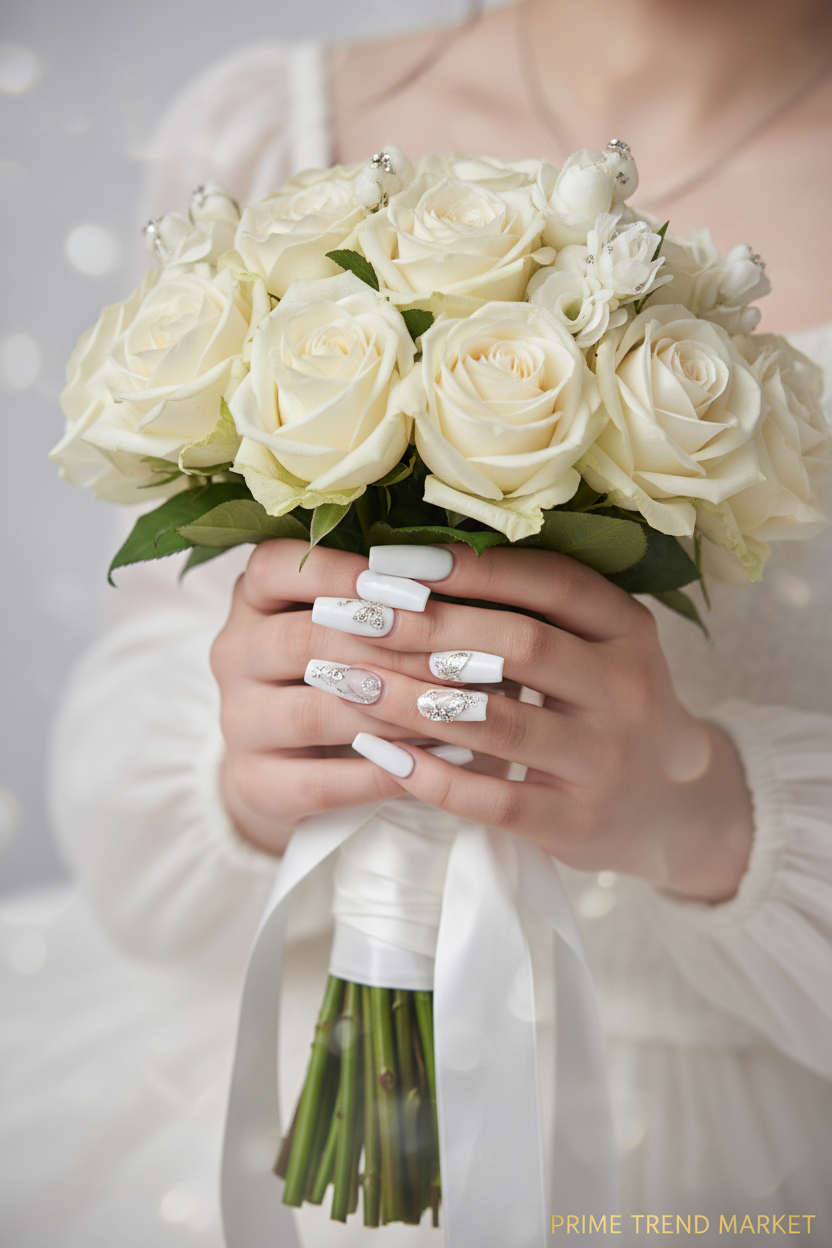 White Flower Diamond Butterfly Press-On Nails — 24 PCS Long Square, Bridal & Everyday Glam — Prime Trend Market
