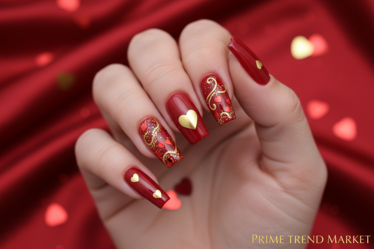 Red Heart Press On Nails — 24 PCS Long Square Romantic Fake Nails | Valentine's Day Nail Art — Prime Trend Market