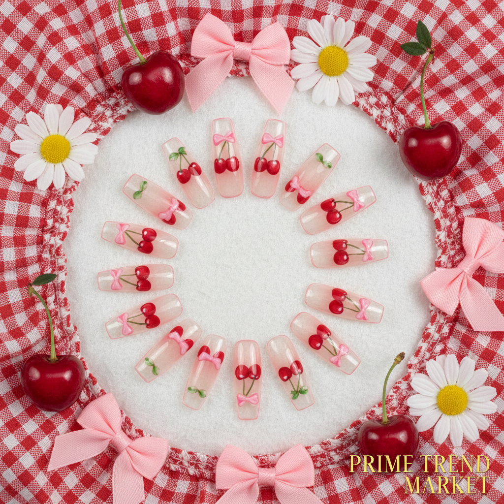Cherry Bow Press-On Nails – 24 PCS Long Square Head Shape | Summer Y2K Fruit Design — Prime Trend Market