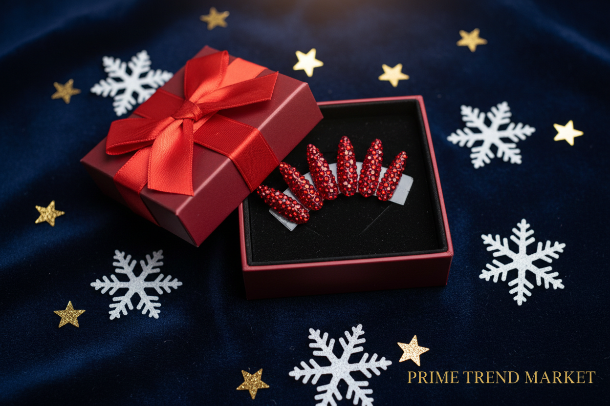 Red Snowflake Rhinestone Press-On Nails — Long PMMA Acrylic, Reusable, 2 Sizes — Prime Trend Market