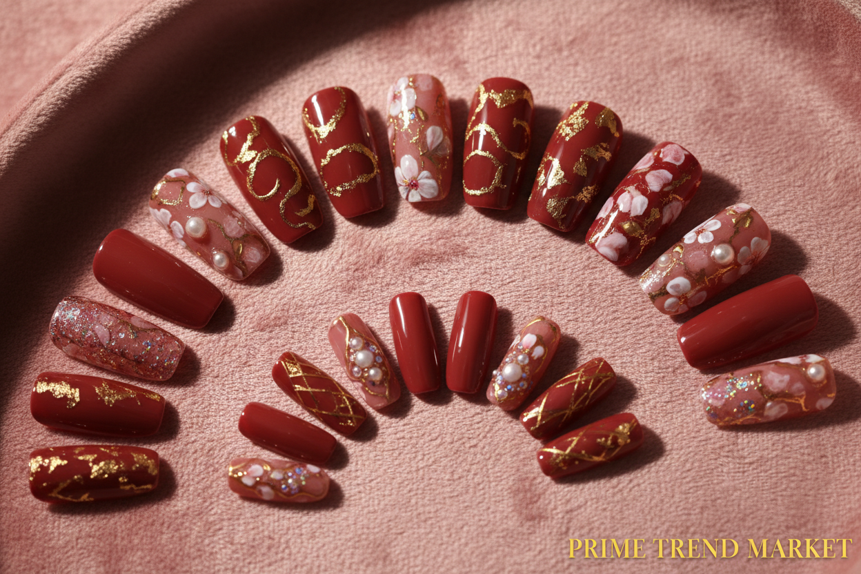 Rose Red Artistic Press-On Nails — Detachable Wearable Fake Nails | 24pcs + Glue — Prime Trend Market
