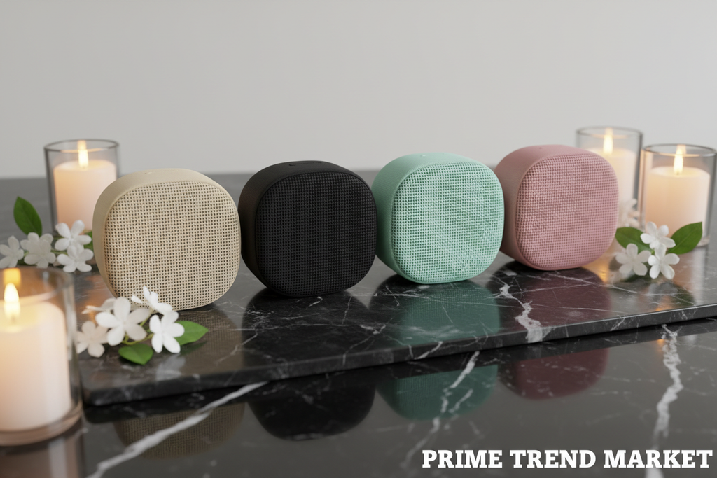 VibeDesk™ Aesthetic Mini Bluetooth Speaker — Portable Wireless Sound in 4 Colors — Eliza & Tuan
