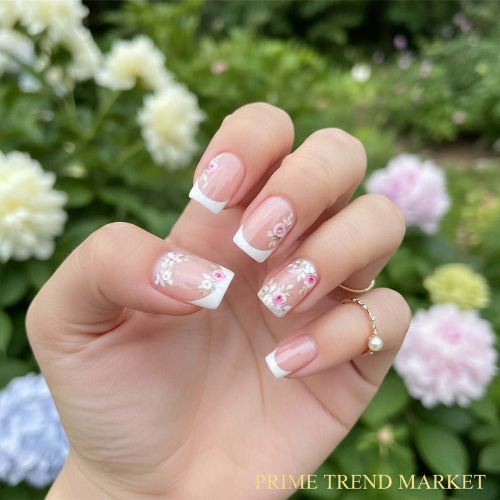 French Flower Press-On Nails – 24 PCS Short Square | Acrylic Full Cover, Reusable — Prime Trend Market