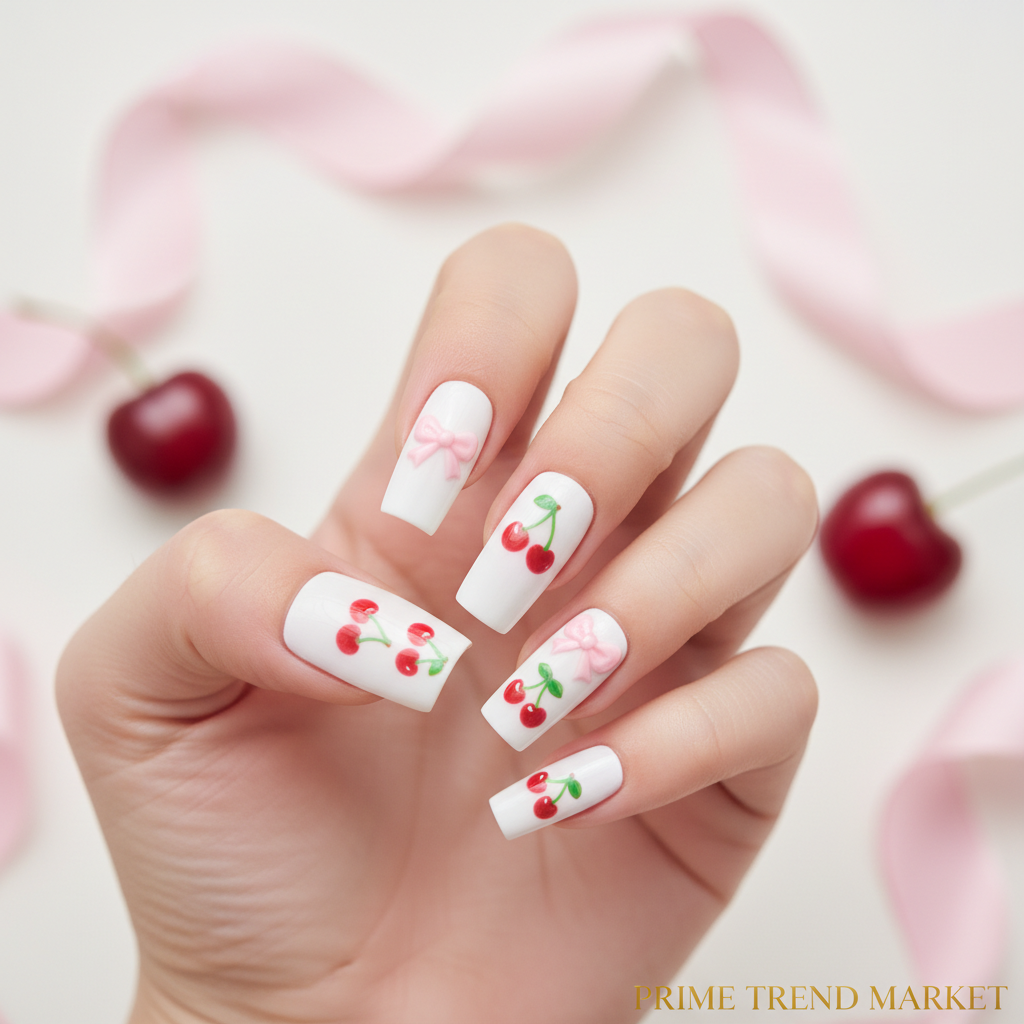Cherry Bow Press-On Nails – 24 PCS Long Square Head Shape | Summer Y2K Fruit Design — Prime Trend Market