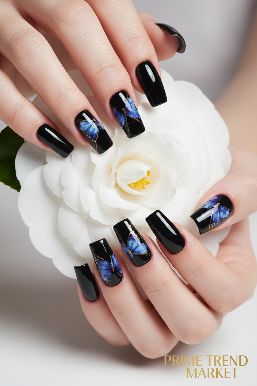 24 PCS Black P Ink Butterfly Nail Art, Long Length Long Water Pipe Fake Nails,Square Head Nail Tips False Nail — Prime Trend Market