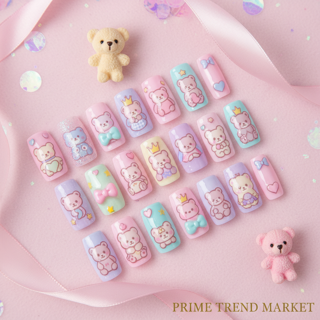 Bear Bow-Knot Press On Nails — 24 PCS Long Square Kawaii Fake Nails | Y2K Nail Art — Prime Trend Market