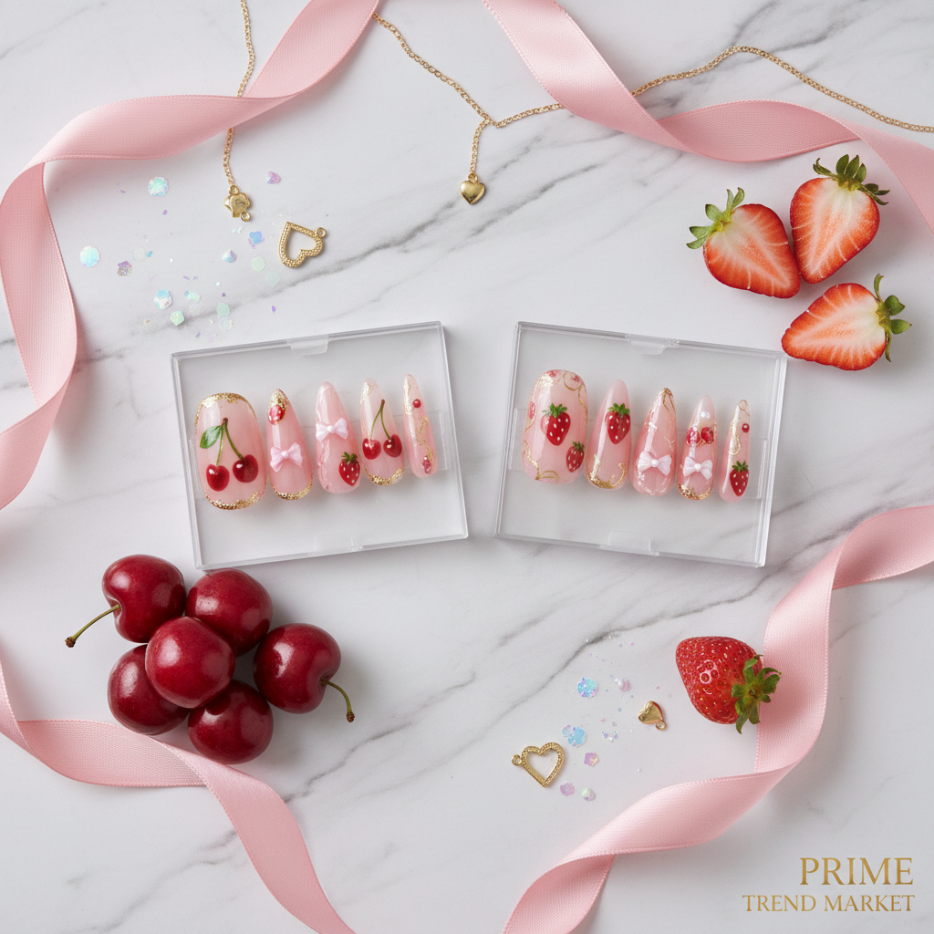 Y2K Glam Press-On Duo — Cherry Bow + Strawberry Bow Press-On Nails Set — Prime Trend Market