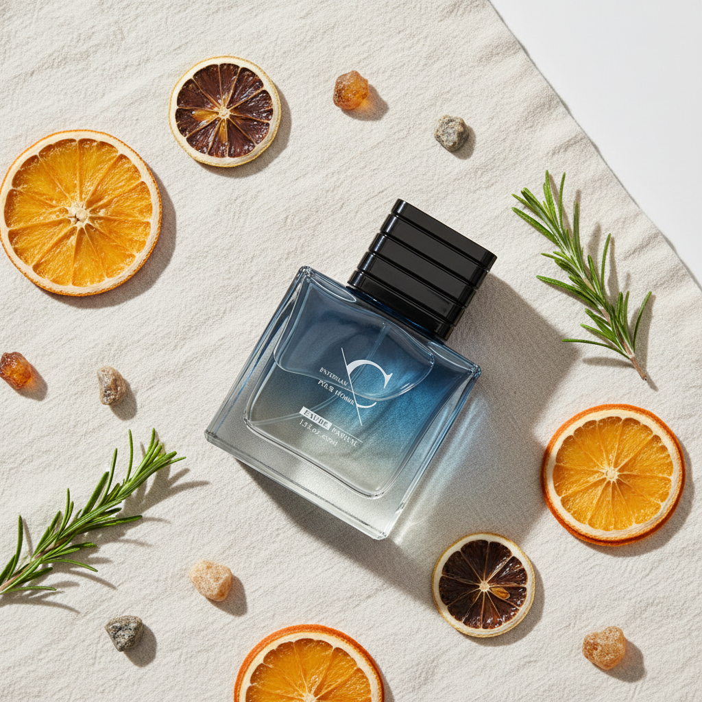Classic Aromatic Cologne Spray 50ml flat lay with dried citrus slices and rosemary sprigs on linen