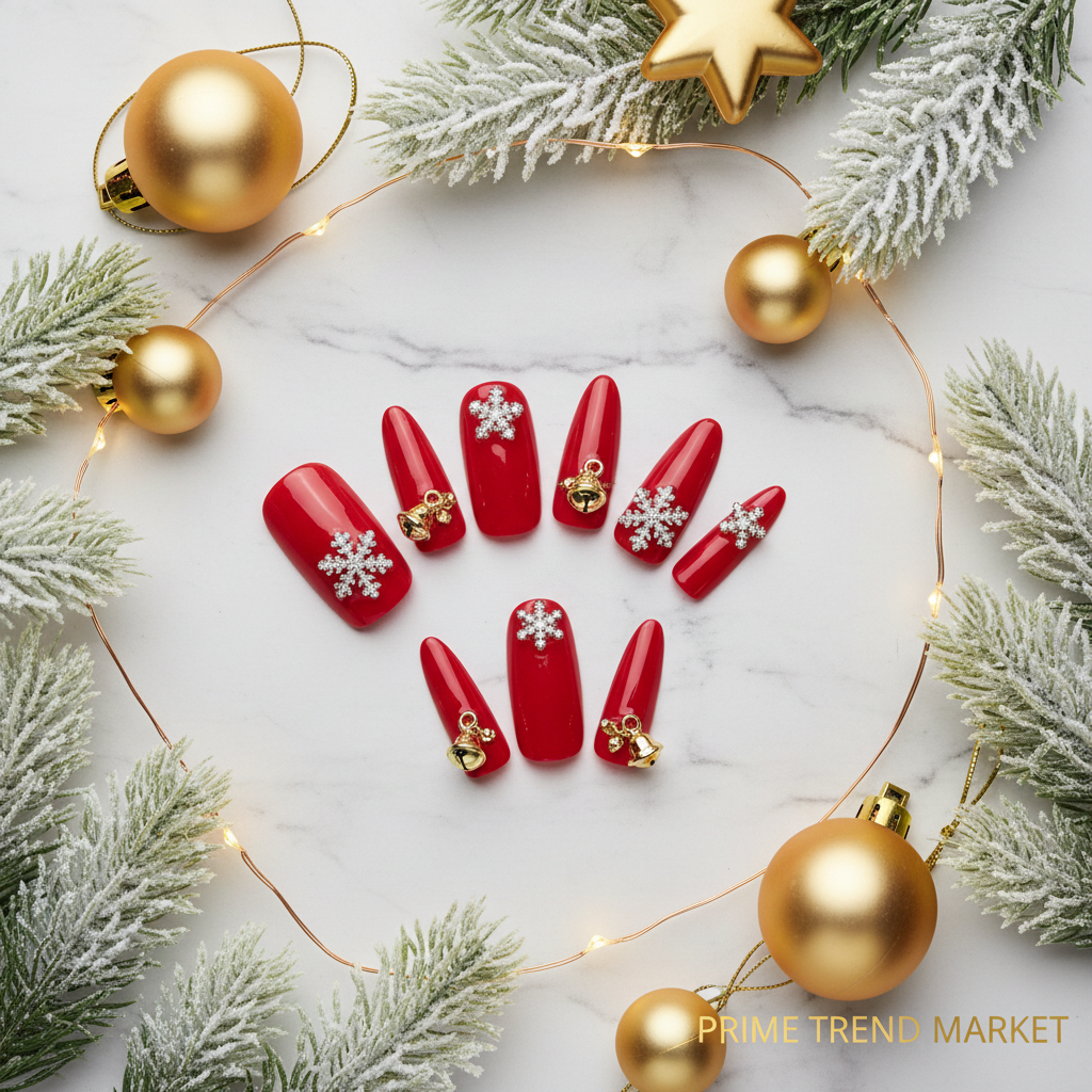 Red Snowflake Rhinestone Press-On Nails — Long PMMA Acrylic, Reusable, 2 Sizes — Prime Trend Market