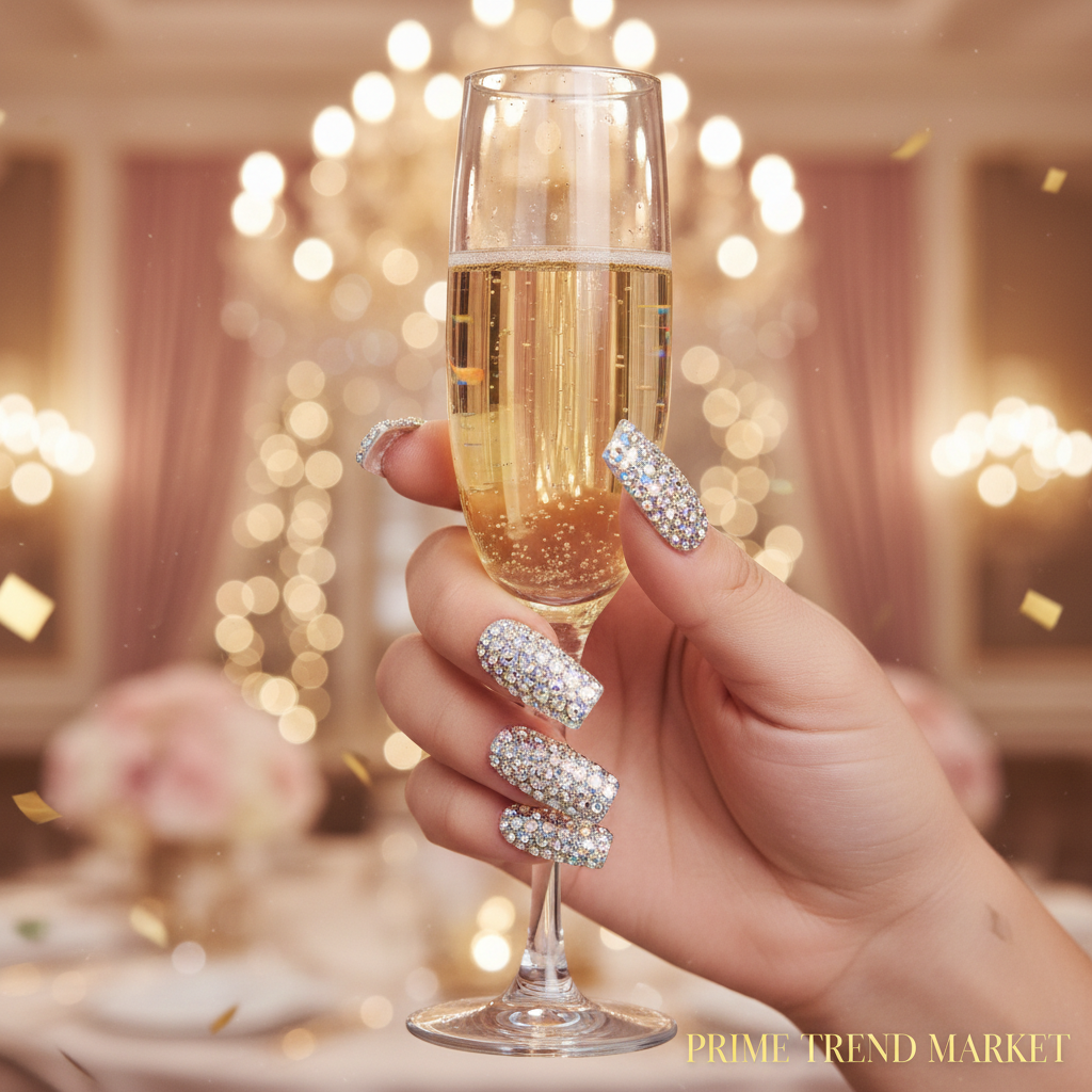 Full Diamond Duck Press-On Nails – 3D Crystal Aurora Edge | Handmade PMMA Acrylic, Gift Box — Prime Trend Market