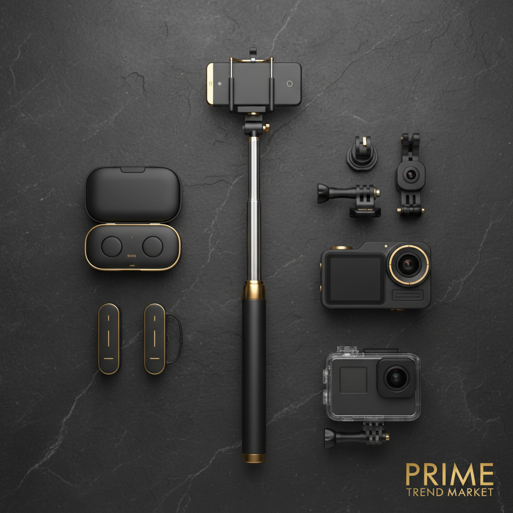 Luxury Content Creator Bundle — selfie stick tripod, wireless clip-on mic & action camera flat lay