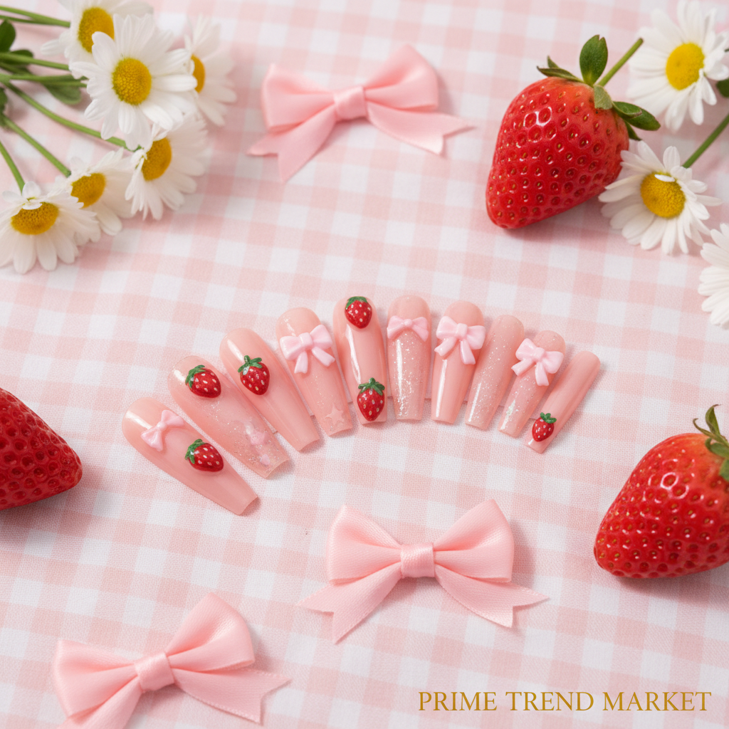 Strawberry Bow Press-On Nails – 24 PCS Long Square Head Shape | Cottagecore Y2K Design — Prime Trend Market