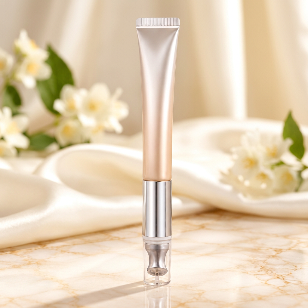 Champagne eye cream tube with silver applicator and clear cap on cream marble