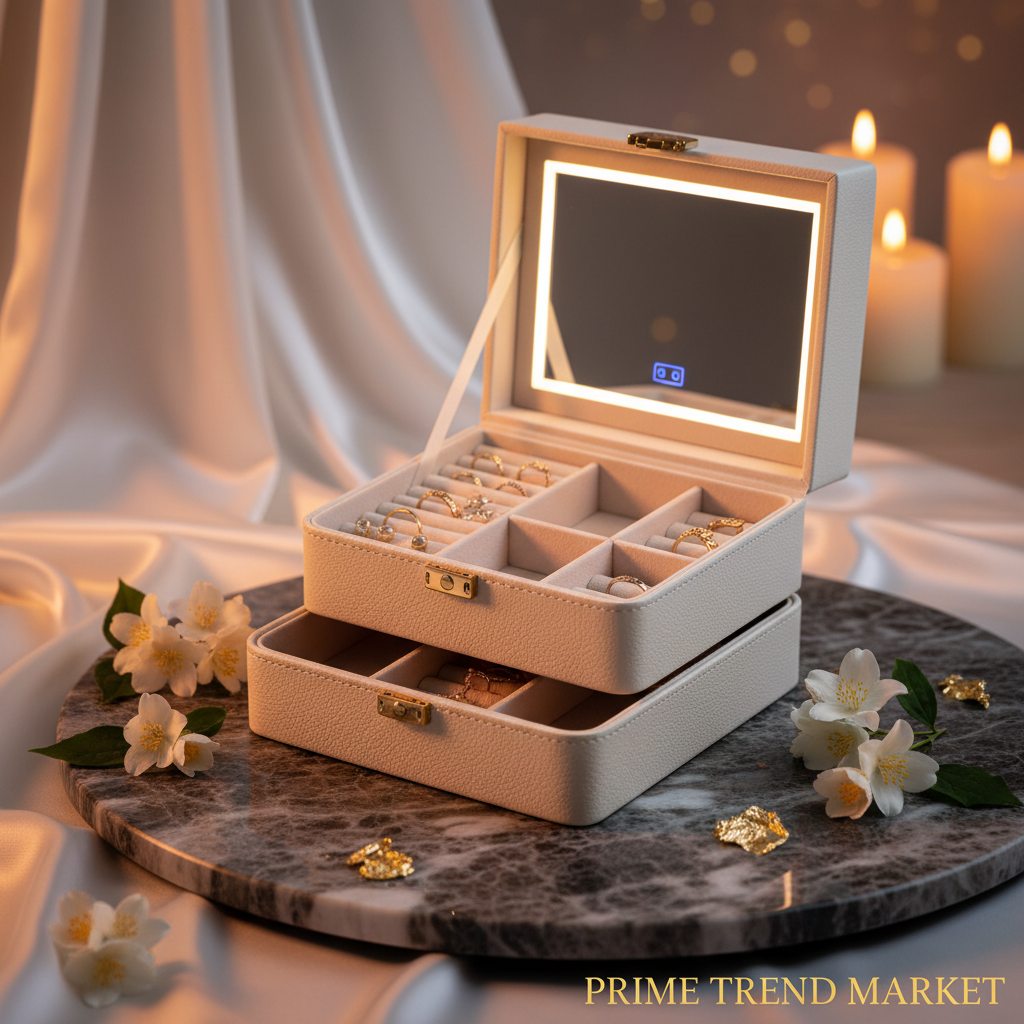 3-Layer Jewelry Box with LED Mirror & 2 Drawers – PU Leather Organizer, 3 Light Colors | Creamy White — Prime Trend Market