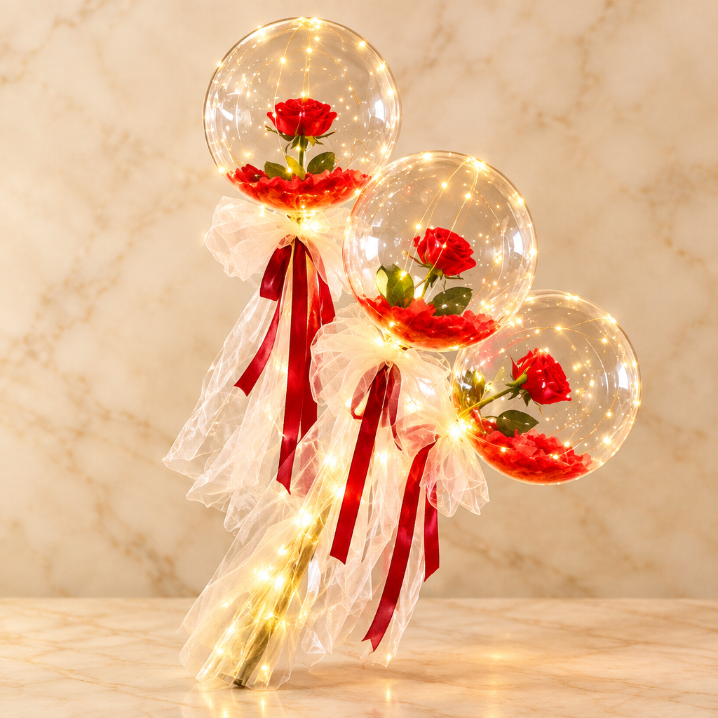 LED Luminous Balloon Rose Bouquet | Transparent Bobo Ball | Light-Up Flower Gift