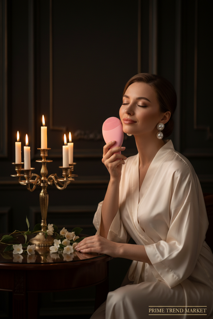 Sonic Silicone Face Cleansing Brush | 4-Mode Vibration Deep Pore Cleanser with Gold Charging Dock — Prime Trend Market