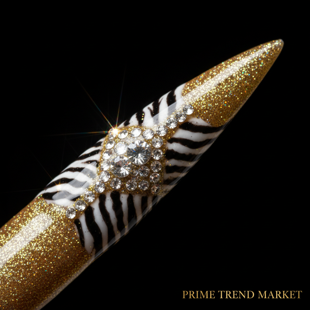 Diamond Zebra Press On Nails – Extra Long Stiletto, 3D Hand-Painted Glitter Gold UV Finish — Prime Trend Market