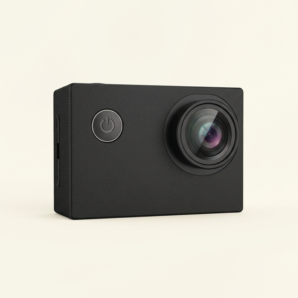 Black Mini action camera with a circular lens and round front power button on a cream background.

