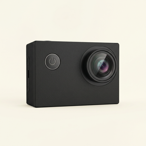 Black Mini action camera with a circular lens and round front power button on a cream background.
