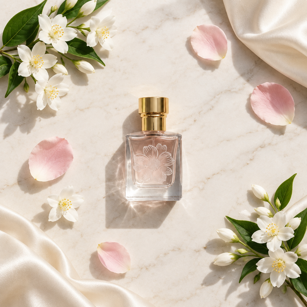 Overhead perfume flat-lay