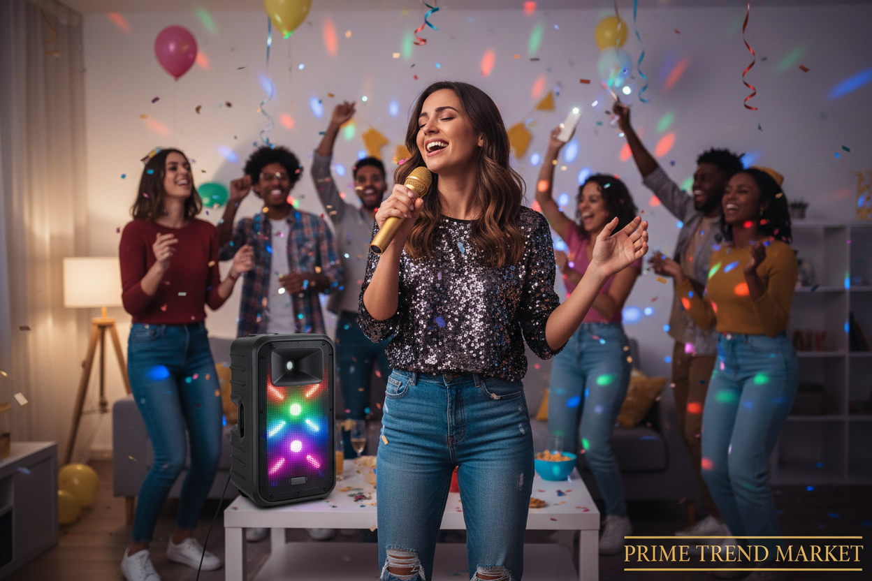 250W Party Speaker with Karaoke | Bluetooth, Disco Lights, 2 Wireless Mics, Portable Rolling PA DJ System — Prime Trend Market