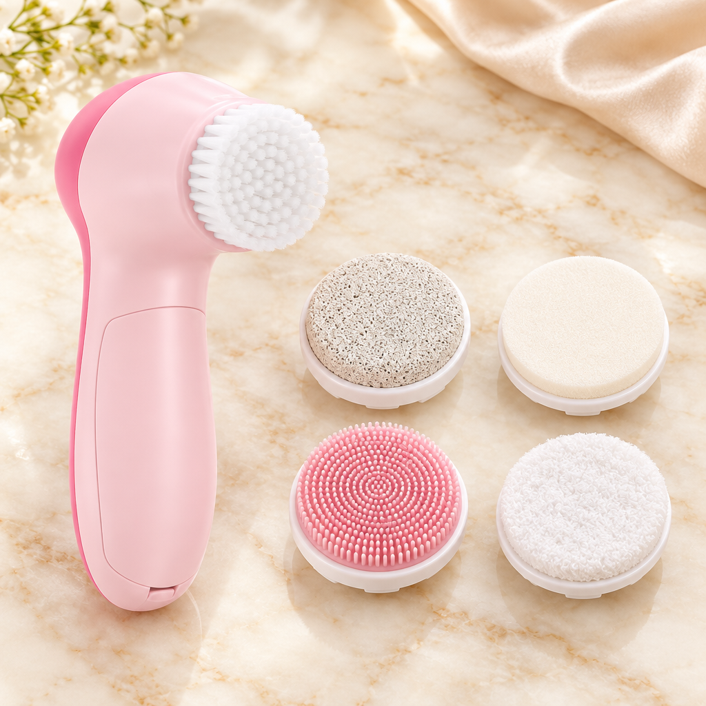 Pink cleansing brush with five heads total