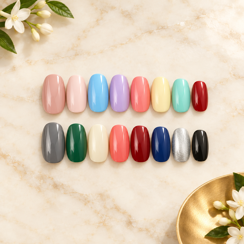 Pure Color Nail Stickers — 16pcs Solid Shade Press-On Set