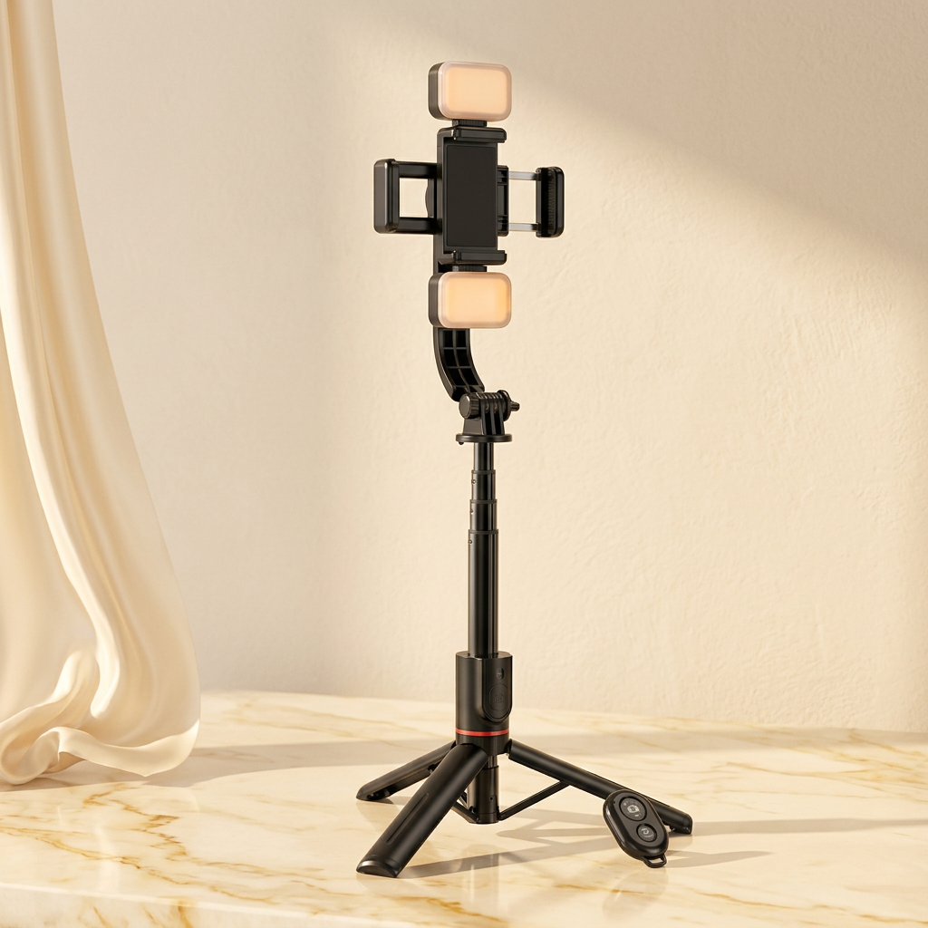 Selfie tripod with rectangular fill lights