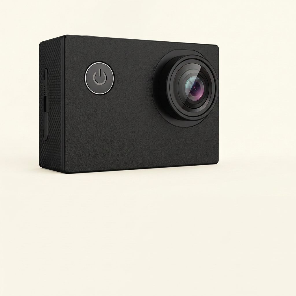 Front and side view of a black Mini action camera with a round power button and circular lens on a cream background.
