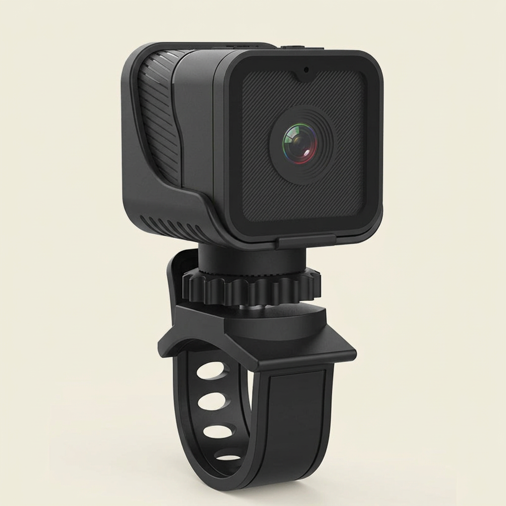 Black Z03 action camera with a textured front, centered lens and mounting bracket on a cream background.

